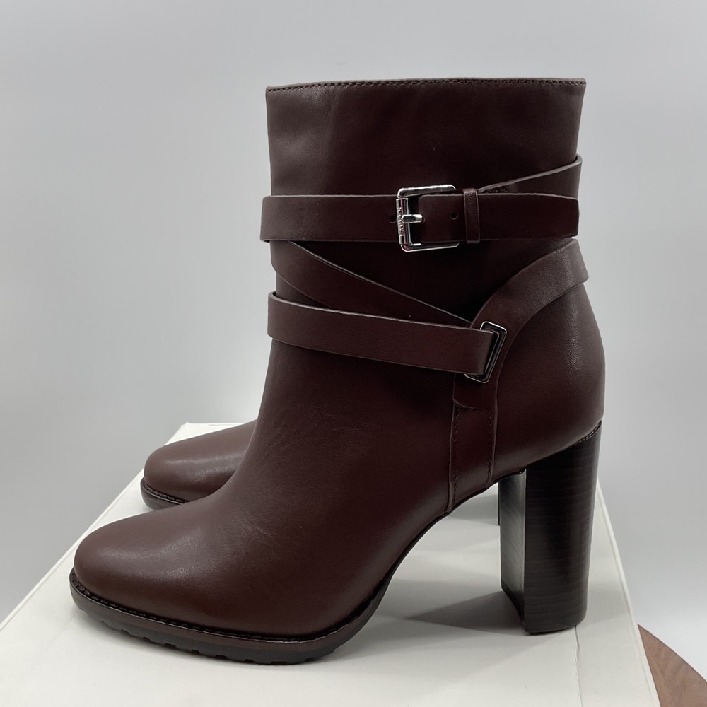 Lauren Ralph Lauren Womens Brown Leather Buckle Ankle Boots Block Heel 7